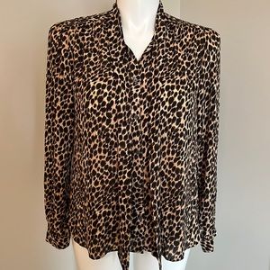 J.Crew Long-sleeve leopard drapey tie-neck top, size L
